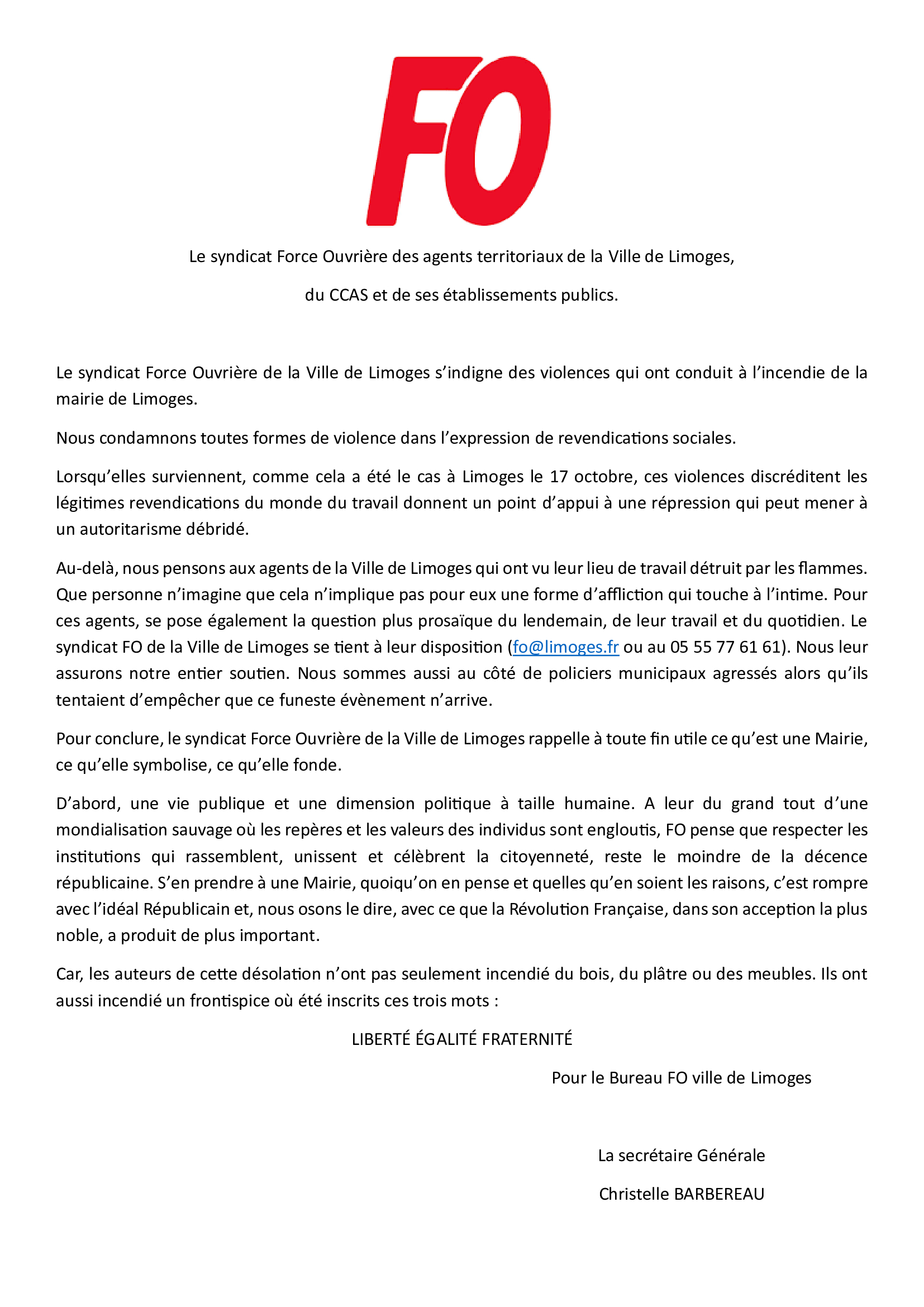 Commmuniqué de presse FO Ville de Limoges