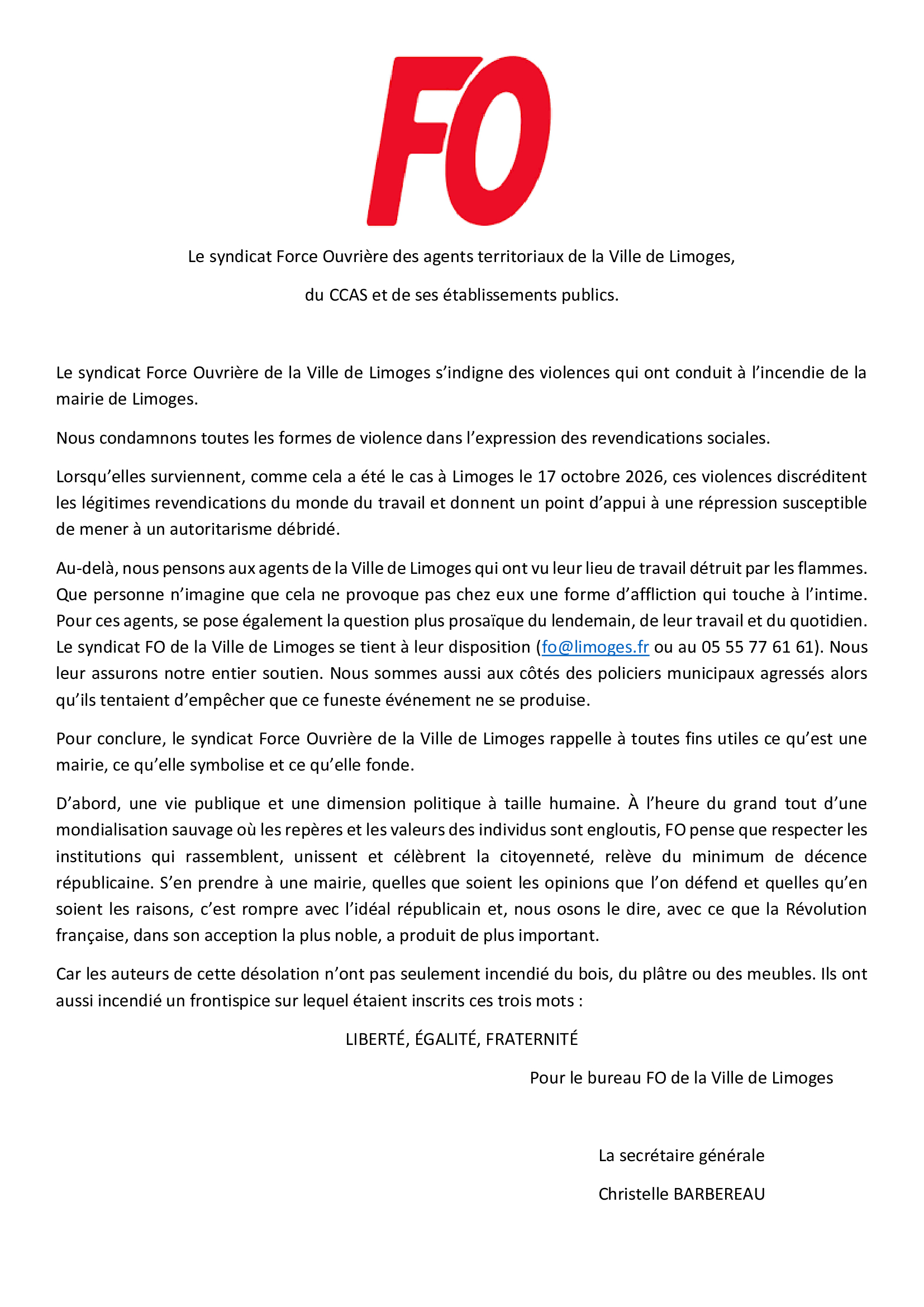 Commmuniqué de presse FO Ville de Limoges